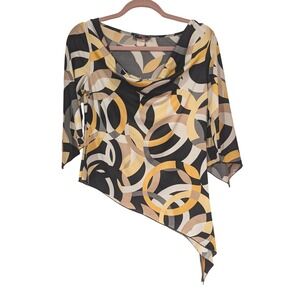 What's Hot Asymmetrical Tunic Top Large Yellow Black Geometric Cowl Neck Y2K Mod